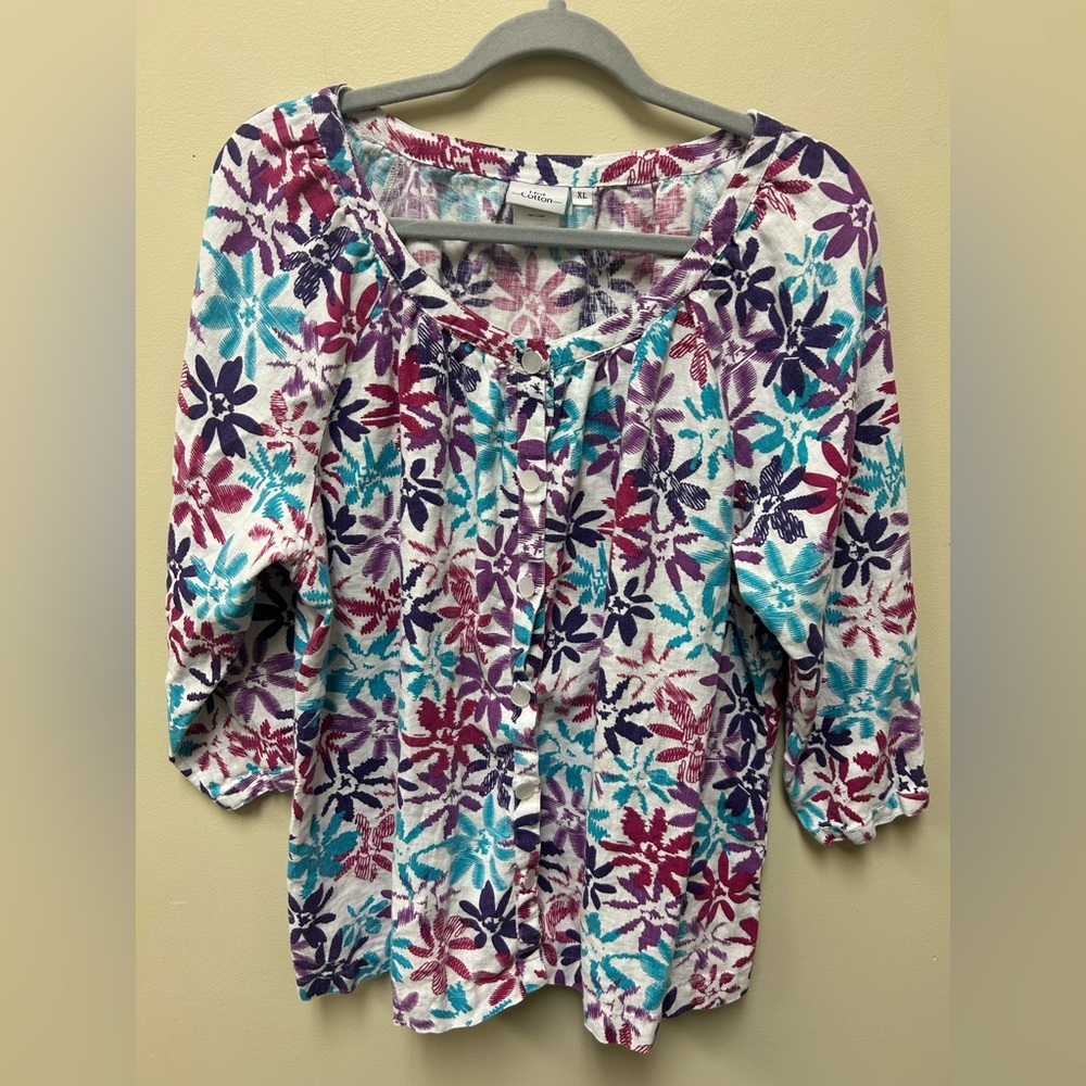 Hot Cotton 100% Linen Floral Button Up 3/4 Sleeve Shirt Sz L Large